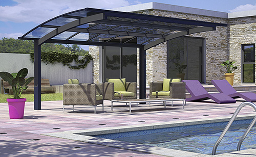 carport pour abri de piscine et spa, en aluminium noir et toiture transparente